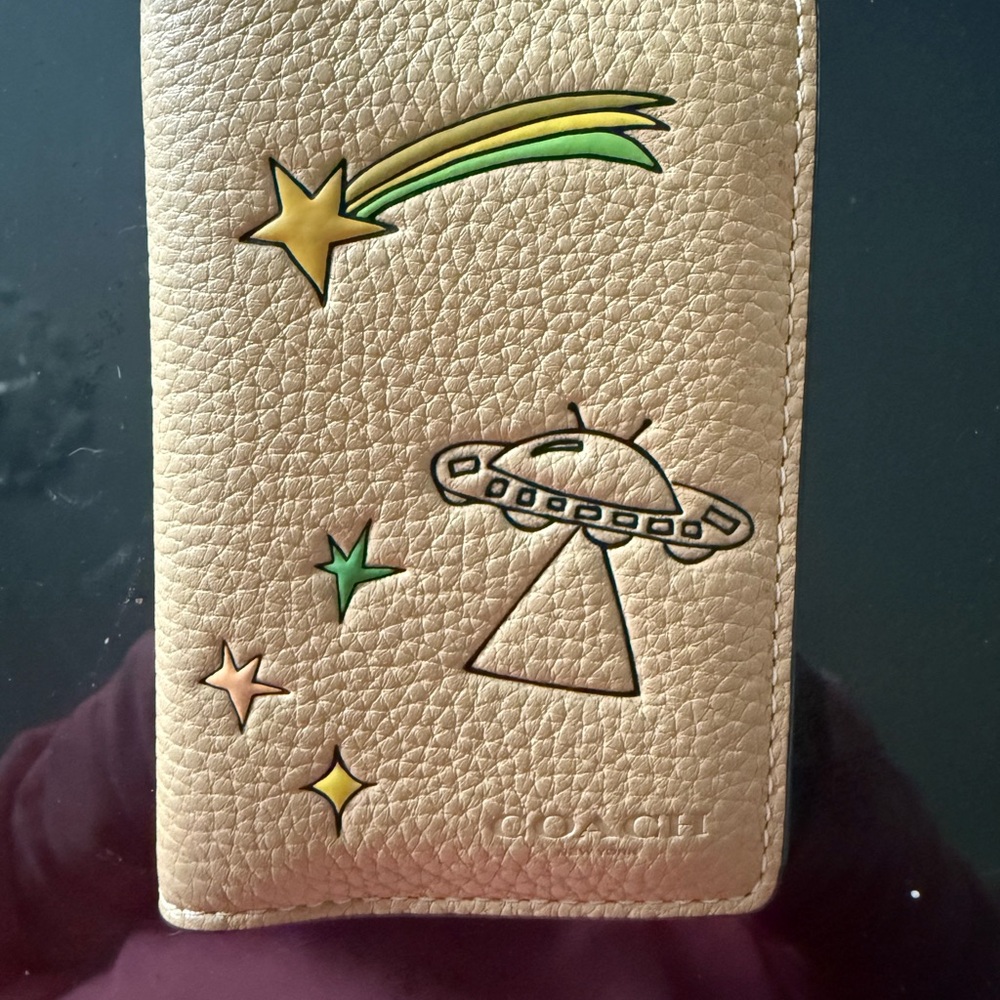 Coach Tan Leather Phone Case with Star and UFO Design